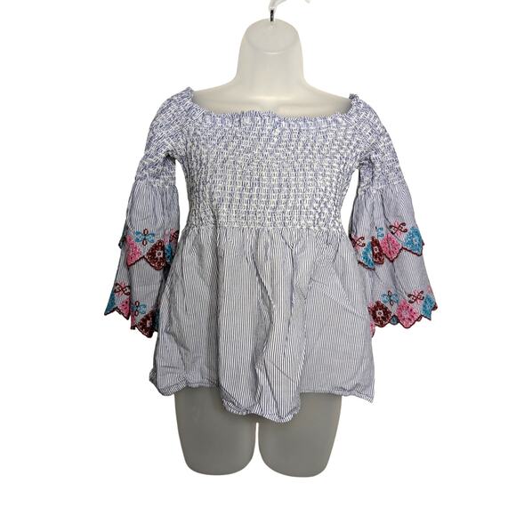 Ann Taylor Loft Embroidered Smocked Off The Shoulder Striped Top Size Small - Picture 1 of 5